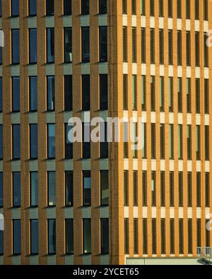 Abstrakte moderne Architekturfassade. Frontalansicht der Fenster in der Fassade. Architektonischer Hintergrund Stockfoto