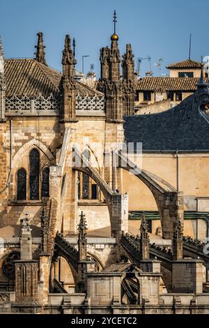 Teleobjektiv-Blick auf die Kathedrale von Toledo. Details der Bogenschützen in der Apse. Die Primatiale Kathedrale der Heiligen Maria von Toledo ist ein römisch-katholischer Churc Stockfoto