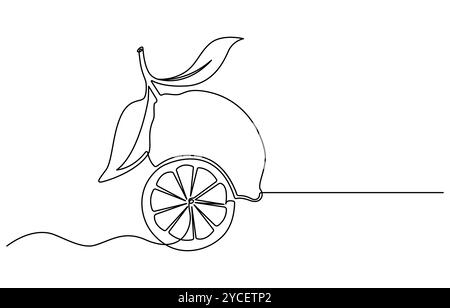 Zitrone in einer Zeile. Das Konzept der gesunden Ernährung, Früchte, Zitrusfrüchte. Minimalistisches Design. Vektorgrafiken wird die Zitrone mit einer durchgehenden Linie gezeichnet Stock Vektor