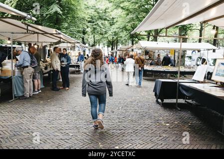 Haag, Niederlande, 7. August 2016: Nicht identifizierte Menschen in einem Buch- und Antiquitätenmarkt in der Straße von den Haag Stockfoto