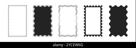 Vektorsatz aus schwarzen rechteckigen, gewellten Rahmen mit Muschelkanten. Verfälschen Sie Fotoränder mit gezackten Kanten und leerem Platz im Inneren. Wiggly Shapes Vorlage, funky geometrische Rahmen oder geschwungene Spiegel Stock Vektor