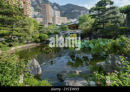 Herrlicher Blick auf den japanischen Garten in Monaco, die Blüten der lantana-Büsche. Teich und Holzpavillon in der Ferne und Wolkenkratzer. Wasserpflanzen mit großen le Stockfoto