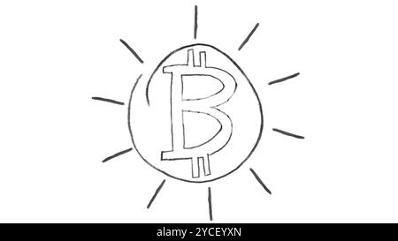 Animiertes Bitcoin-Symbol, Kreidestrich auf weißem Hintergrund, ideal für Compositing, Verwendung als Maske, ideal für Daten, Unternehmen, Finanzen und Internet, ico Stockfoto