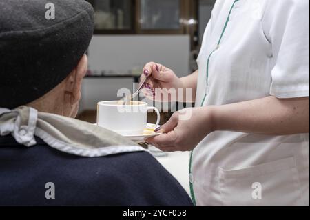 Seniorenmann, der im Pflegeheim von einer Pflegerin ernährt wird. Grafik Stockfoto