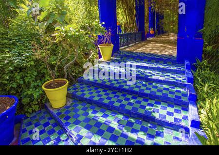 Eine offene Veranda (Gasse) mit Kletterweinen im Majorelle Garten in Marrakesch: Auch orange und gelbe Töpfe mit Pflanzen und erstaunlichen marokkanischen Fliesen o Stockfoto