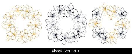 Eine schwarz-weiß-goldene Zeichnung eines Blumenkranzes mit weißem Hintergrund. Die Blüten sind stilisiert gezeichnet, mit jedem Blütenblatt und Stiel c Stock Vektor