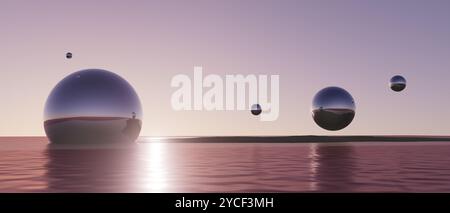 Eine Reihe glänzender, reflektierender Kugeln, die im Wasser schweben Stockfoto