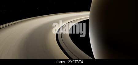 Eine Nahaufnahme eines Planeten saturn mit einer dunklen, felsigen Oberfläche Stockfoto