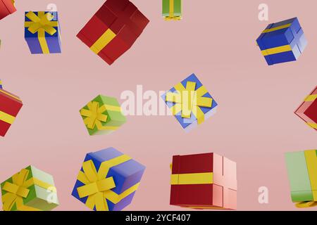 Ein Haufen bunter Boxen fliegen durch die Luft, 3D-Rendering Stockfoto
