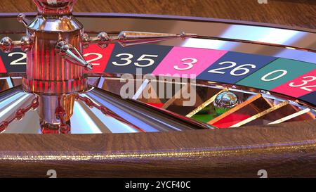 3D-Rendering – Roulette-Rad mit Kugel, die auf Null landet. Stockfoto
