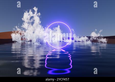 Im Wasser spiegelt sich ein blau-violett leuchtender Kreis Stockfoto