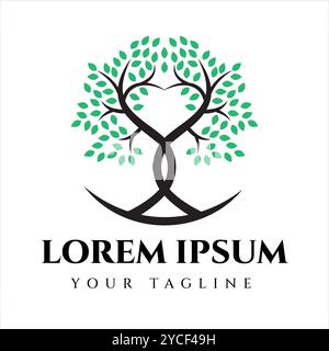 Ein Logo mit zwei miteinander verflochtenen Bäumen, die in der Mitte ein Herzsymbol bilden, mit grünen Blättern verziert. Geeignet für Unternehmen in der Umwelt, Stock Vektor