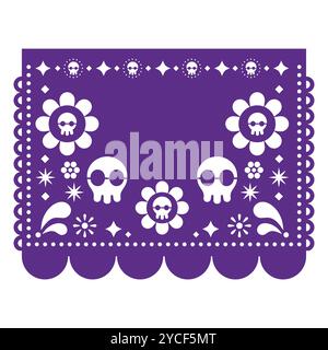 Papel Picado Vektorvorlage Design mit Schädeln, Blumen und leeren Raum für Tests inspiriert von Party Girlande Cut out Dekorationen aus Mexiko. Nicht AI Stock Vektor