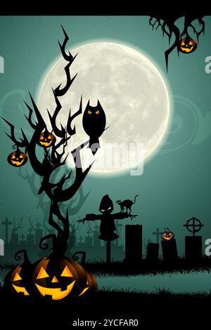Illustration einer halloween-Nacht auf dem Friedhof mit leuchtendem Kürbis und Fledermaus Stockfoto