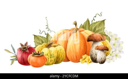 Herbstgemüse, Obst und essbare Pilze Aquarellillustration. Waldboletus und Pfifferlingen, Kürbisse Stockfoto