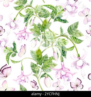 Nahtloses Muster von Fuchsia und Schmetterlingen. Aquarellabbildung ist handgezeichnet. Geeignet für Dekor und Textilien Stockfoto