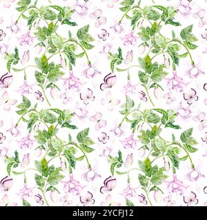 Nahtloses Muster von Fuchsia und Schmetterlingen. Aquarellabbildung ist handgezeichnet. Geeignet für Dekor und Textilien Stockfoto