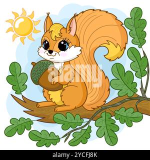 Cartoon niedliches rotes Eichhörnchen mit einer Eichel, sitzt auf einem Eichenzweig. Für die Gestaltung von Drucken, Postern, Karten, Aufklebern, Puzzles, usw. Vektorabbildung Stock Vektor