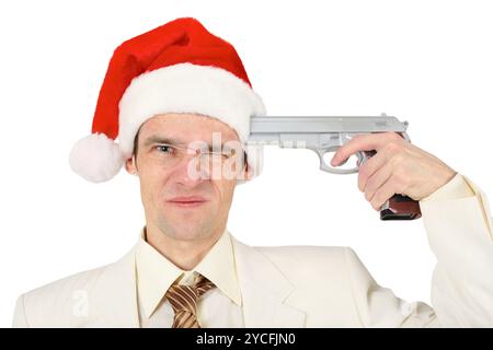 Mann in eine Weihnachtsmütze versucht, sich auf weiß zu erschießen Stockfoto