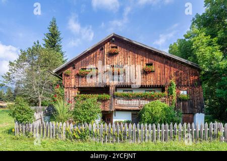 Italien, Südtirol, autonome Provinz Bozen, Gemeinde San Martino in Badia, traditionelles Holzhaus, rustikales Holzhaus Stockfoto