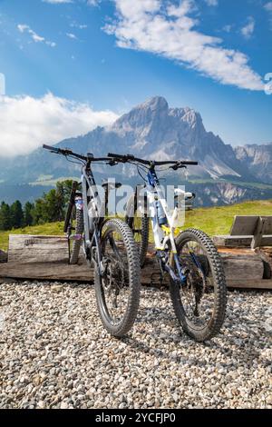 Italien, Südtirol, Provinz Bozen, San Martino in Badia, E-Bikes auf dem Träger aus einem Baumstamm in der Nähe der Schutzhütte Monte Muro, im Hintergrund der Sass de Putia, Dolomiten Stockfoto