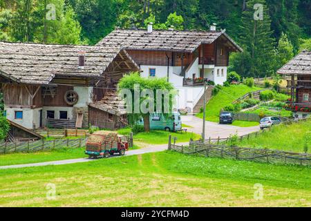 Bergbauernhof mit Schindeldächern, Heuerntemaschine, Ultental, Südtirol, Italien Stockfoto