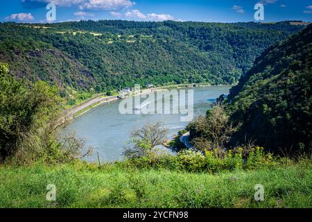 Blick auf den Rhein vom Loreley-Plateau vor dem Loreley-Felsen und Bootsfahrt auf dem Mittelrhein, Stockfoto