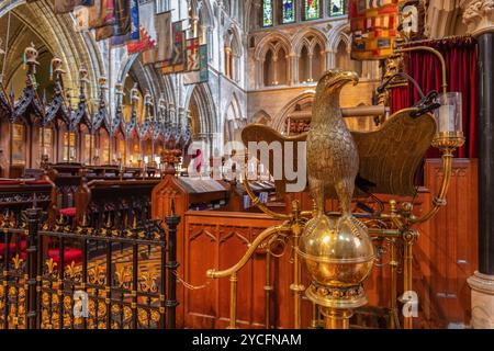 Eine Nahaufnahme des vergoldeten Adlerpults in der St. Patrick's Cathedral, Dublin, mit weit ausgebreiteten Flügeln. Der Hintergrund zeigt das gotische A des Chors Stockfoto