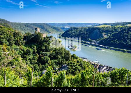 Oberes Mittelrheintal bei Kaub mit Schloss Gutenfels und Zollburg Pfalzgrafenstein in der Mitte des Rheins, im Hintergrund Kauber Werth und Wildes Gefähr, Stockfoto