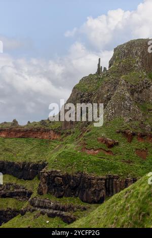 Eine markante Klippe am Giant's Causeway mit mehrschichtigem Basalt und rotem Fels. Die hohen Säulen heben sich vom üppigen Grün und dem blauen Himmel ab Stockfoto