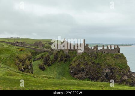 Die Ruinen von Dunluce Castle liegen auf einer grasbewachsenen Klippe, mit felsigen Felsvorsprüngen und Meerblick unter einem bewölkten Himmel in Nordirland, umgeben von grünen Pastus Stockfoto