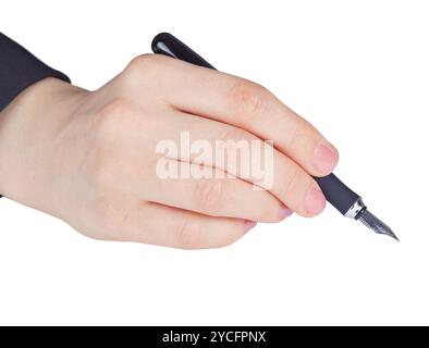 Die Hand hält einen alten Stift Stockfoto
