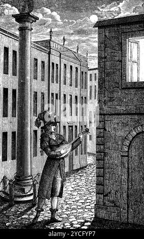 Szene aus Mozarts Oper „Don Juan“, Luigi Bassi Sänger, zweiter Akt, Geschichte der deutschen Musik, historische Illustration 1892 Stockfoto