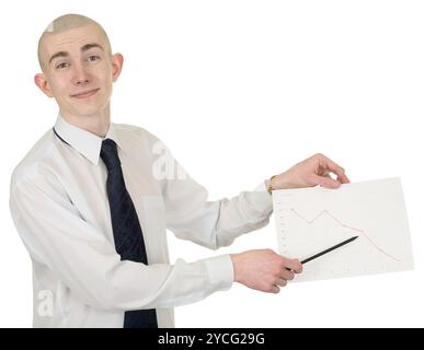 Ein lächelnder Kerl mit dem Finanzgraphen in den Händen Stockfoto