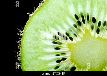 Makroaufnahme einer schlank geschnittenen Kiwis auf schwarzem Hintergrund Stockfoto