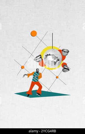 Composite Trend Artwork Sketch Bild Foto Collage von unbeschwerten Party Diskothek Disco Ball Mund Lippen jungen Mann Tänzer funky bewegen sich Stockfoto