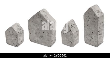 Set aus minimalistischen, hausförmigen Betonblöcken mit unterschiedlicher Größe, isoliert auf weißem Hintergrund. Rauer industrieller Look. Stilisiertes Gebäude, Architektur Stockfoto