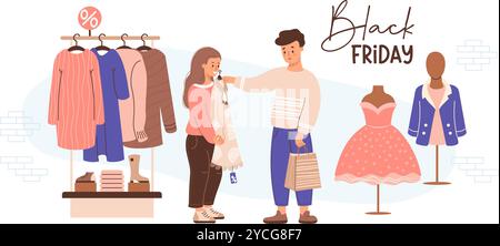 Black Friday. Einkaufen. Ein paar Shopper, Mann und Frau, probieren ein modisches Kleid an. In der Nähe befinden sich weibliche Schaufensterpuppen und ein Ladenregal mit Kleidung und Schuhen. Sa Stock Vektor