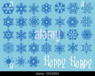 Blauer Hintergrund mit einer großen Sammlung von Schneeflocken. Die Schneeflocken haben alle verschiedene Größen und Formen. Der Text lautet „Happy Happy“ Stock Vektor