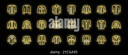Leuchtende Neonsymbole repräsentieren eine Vielzahl von Jacken-Styles mit verschiedenen Designs und modischen Elementen Stock Vektor