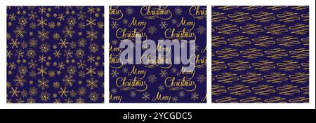 Set mit goldenem Schriftzug „Merry Christmas“ und nahtlosem Schneeflocken-Muster. Hintergrund zu Winterferien. Kalligraphisches Bannerdesign Vektor Vintage-Vektor Stock Vektor