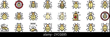 Bettwanzensymbole, die verschiedene Arten von Bettwanzen sowie Vernichtungs- und Kontrollmethoden anzeigen Stock Vektor