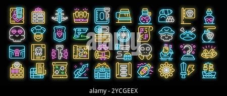 Piratenschatzsuche Neonsymbole setzen Vektor. Piratenschädel und Schiff, Karte und Kompass, Brust mit goldenen Münzen und Krone, Schwert- und Bombenabbildungen auf schwarzem Hintergrund Stock Vektor