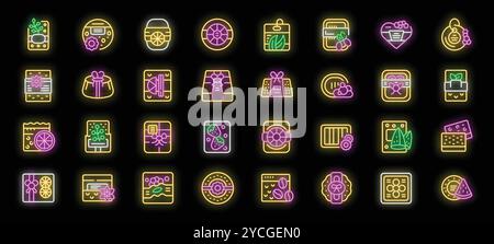 Leuchtende Neonsymbole von Geschenkschachteln, die mit Schleifen, Bändern, Blumen, Früchten und anderen Elementen verziert sind, perfekt für jedes Projekt im Zusammenhang mit Geschenken und Feiern Stock Vektor