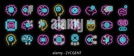 Sammlung von Neonsymbolen, die künstliche Intelligenz, maschinelles Lernen und die Leistung der Verarbeitung darstellen Stock Vektor