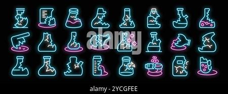 Leuchtende Neonsymbole für gebrochene Reagenzgläser und Kolben, die ein fehlgeschlagenes Experiment oder einen Unfall in einem Labor darstellen Stock Vektor