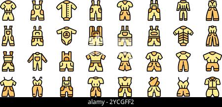 Dieses Set von Symbolen zeigt verschiedene Styles von Jumpsuits und Overalls, die ihre Vielseitigkeit für verschiedene Geschlechter und Altersgruppen hervorheben Stock Vektor