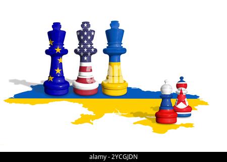 Schach aus der Ukraine, der EU, den USA und Russland mit nordkoreanischen Flaggen auf einer ukrainischen Flaggenkarte. Stockfoto