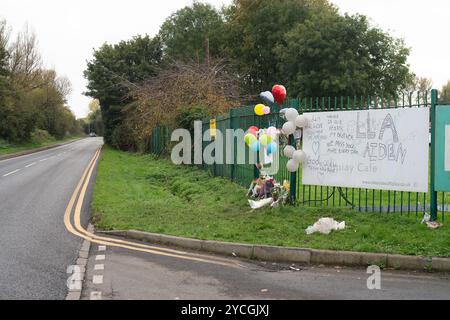 Datchet, Berkshire, Großbritannien. Oktober 2024. Nach dem tragischen Tod des Teenagers Aidan Tottman wurden vor Liquid Leisure in Datchet, Berkshire, Blumen-Tribut und Botschaften verfasst. Am Samstag, den 19. Oktober 2024, um 16:07 Uhr, wurde ein Bericht über einen Straßenverkehrskollision vor dem Liquid Leisure Centre an der Horton Road bei der Thames Valley Police eingereicht. Leider starb einer der Jungen am Sonntag, den 20. Oktober 2024 im Krankenhaus.Credit: n.c/Alamy Live News Stockfoto