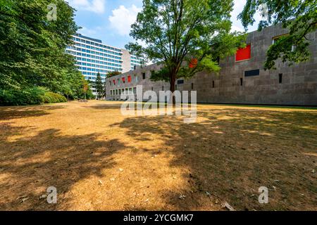 Droogte op Campus Tilburg Universität der Campus der Universität Tilburg leidet in diesem Sommer unter der schweren Zugkraft. Am Rande des Kulturwaldes de Warande gelegen, ist der westliche Teil der Stadt, sowohl der Rasen als auch die Bäume trocknen stark aus. Das ist deutlich sichtbar. Es ist nicht viel nötig, um ein waldfeuer anzuzünden. Eine Zigarette aber oder ein kleines Glas, das in der brennenden Sonne liegt. Tilburg, Niederlande. Tilburg Tilburg Universität Campus Noord-Brabant Nederland Copyright: XGuidoxKoppesxPhotox Stockfoto